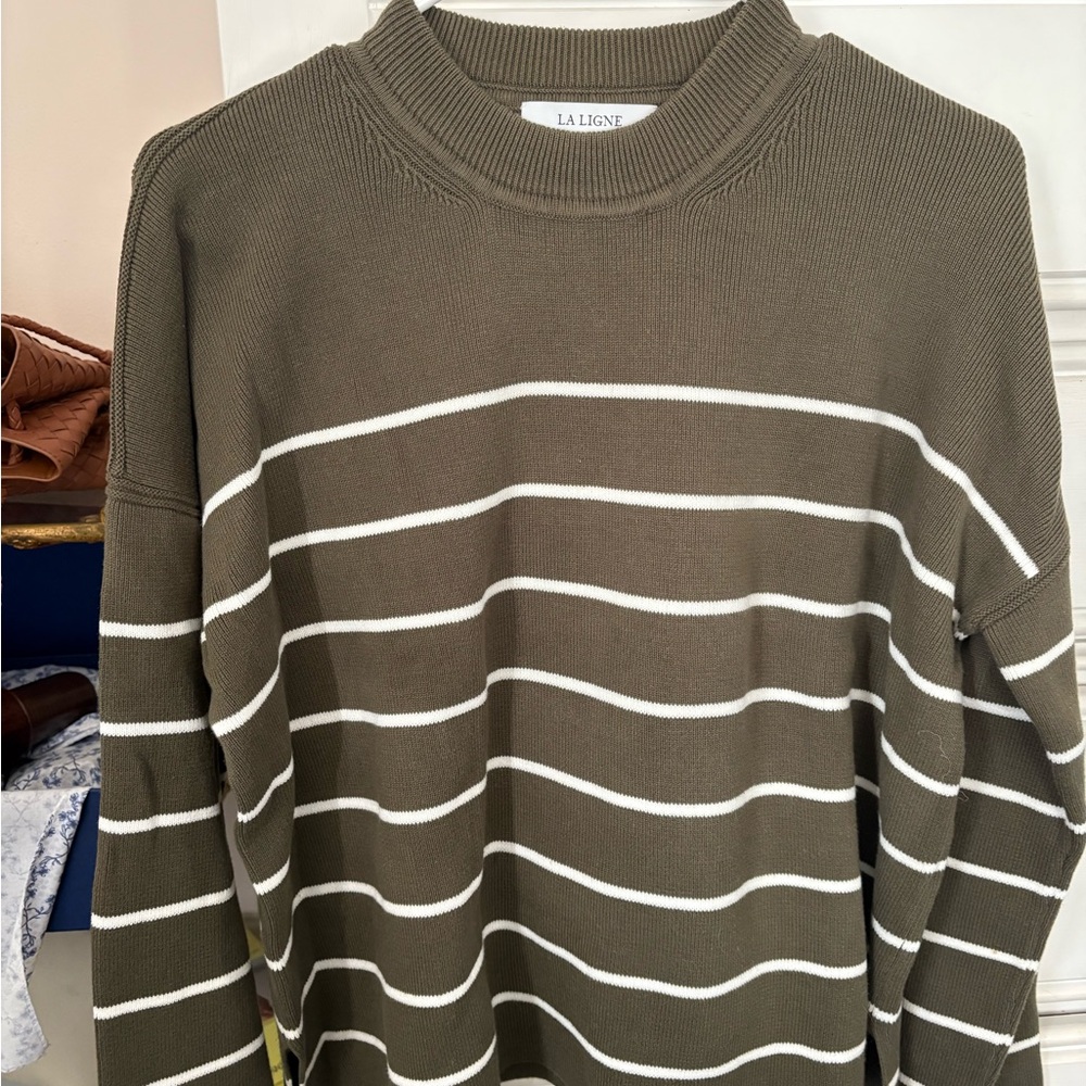La Ligne Leo Olive and Cream Striped Crewneck Sweater